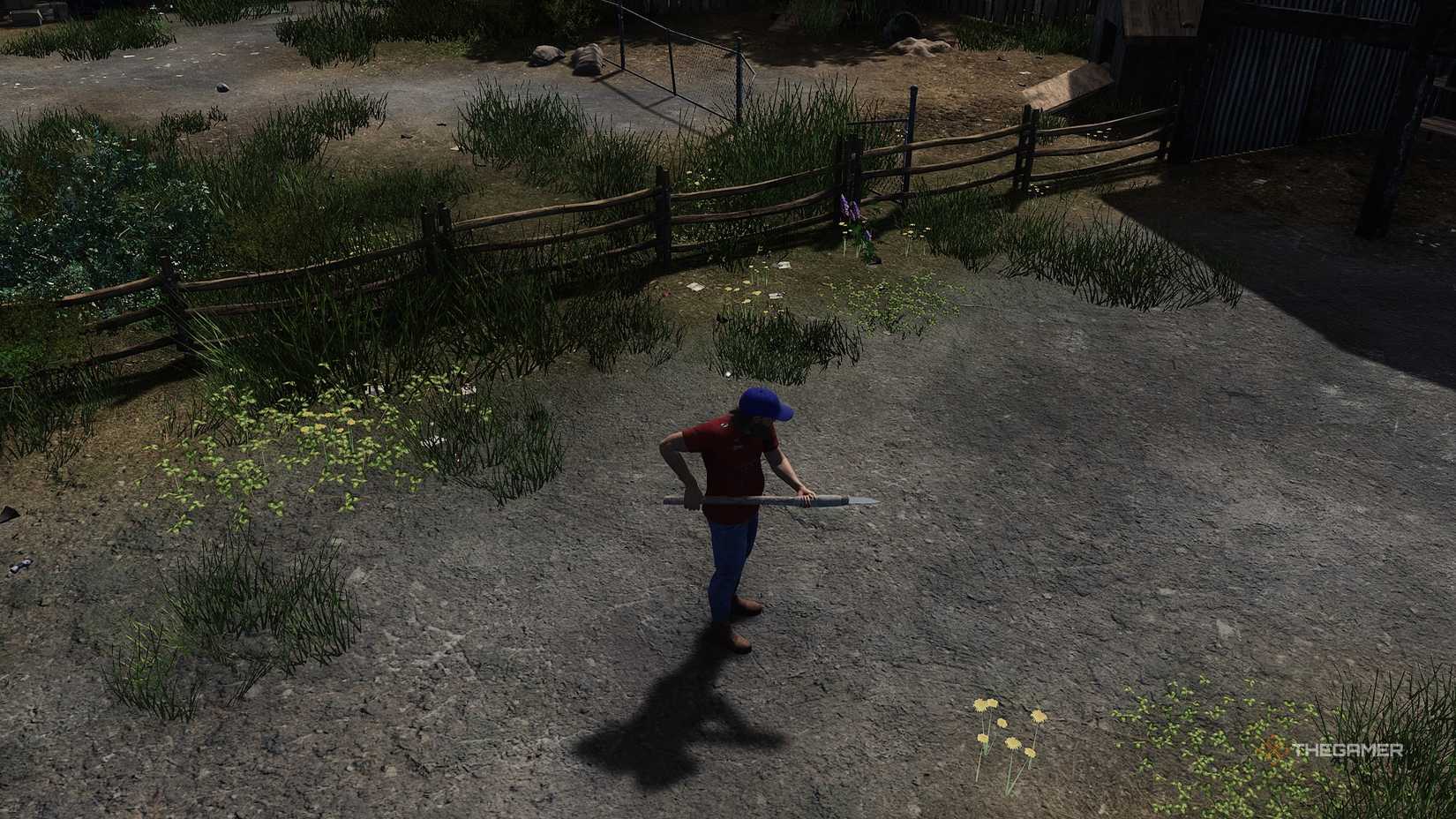 A character holding a knife spear with both hands in HumanitZ.