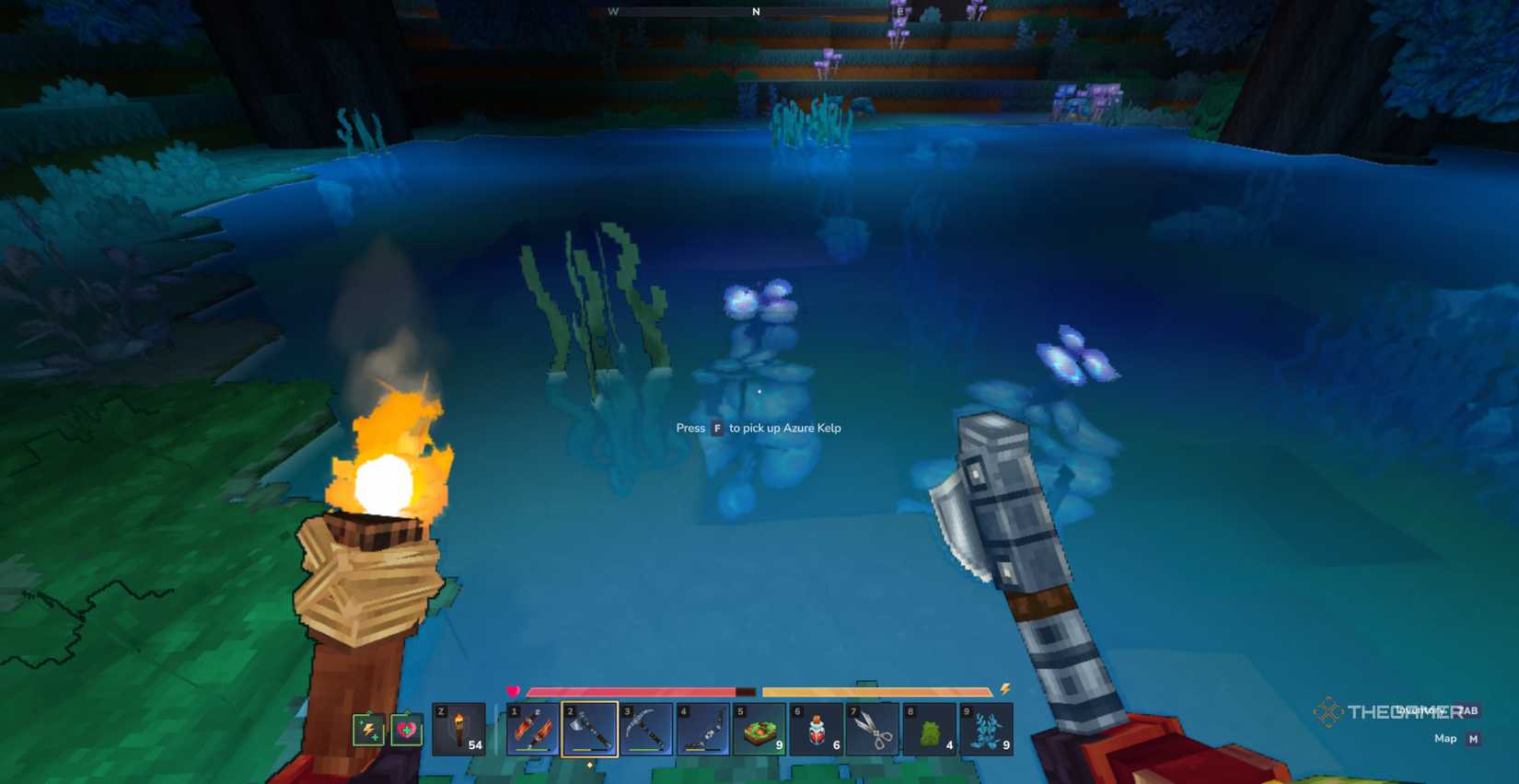 A player character shining a torch on two pieces of azure algae submerged in a lake in Hytale.