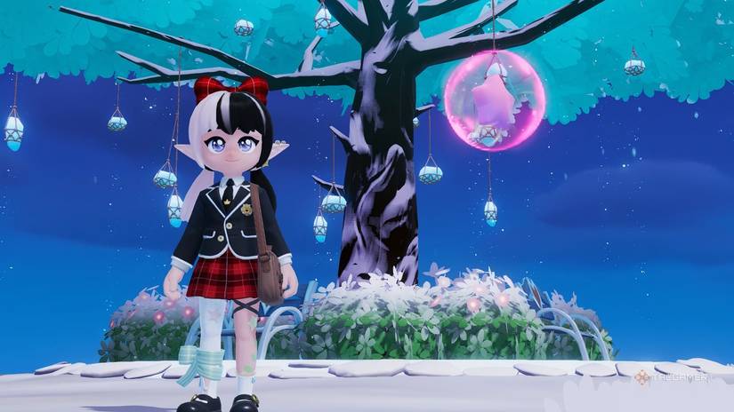 A pink bubble floating under the tree in Heartpia.