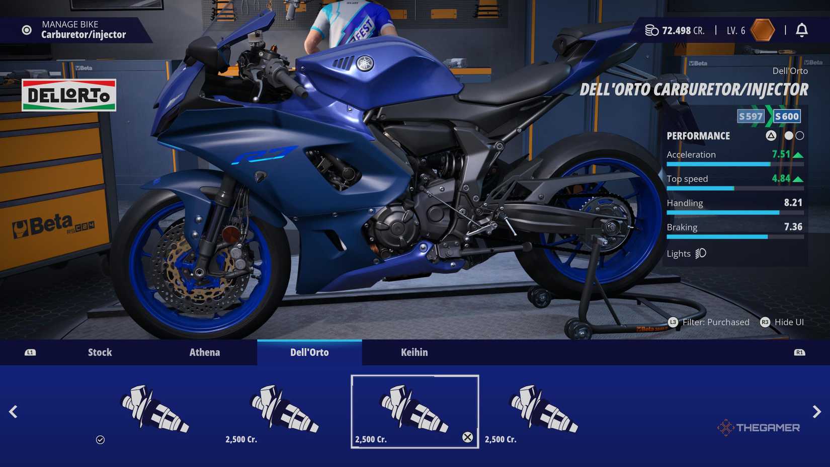 Purchasing a new carburetor for the stock bike from the garage in Ride 6.