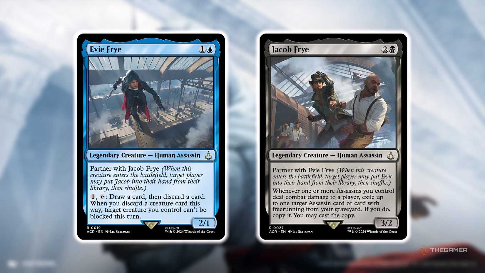 Jacob and Evie Frye MTG card against a blurred Altair background.