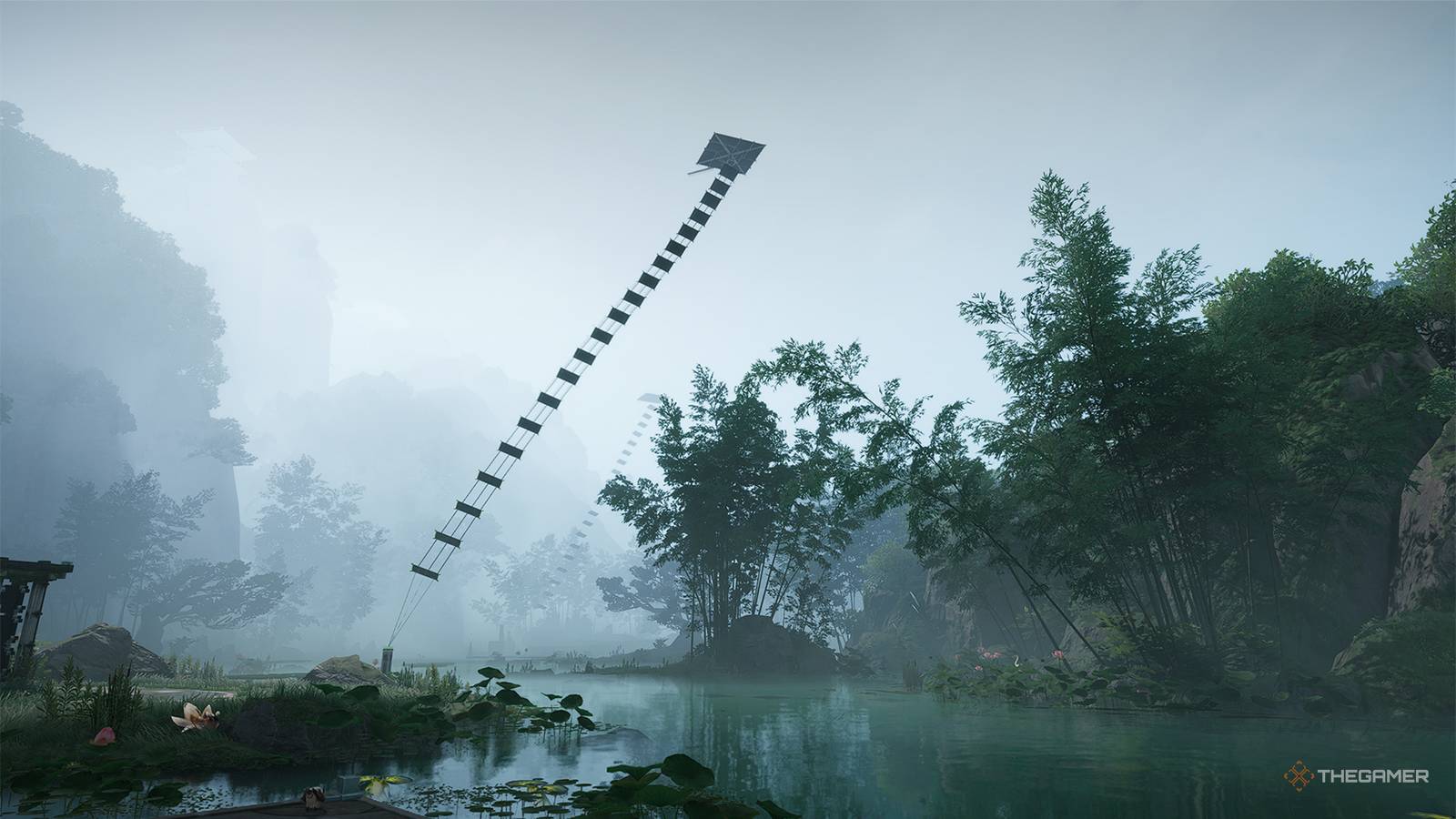 A flying kite and misty landscape of Jingyu Valley in Arknights: Endfield.