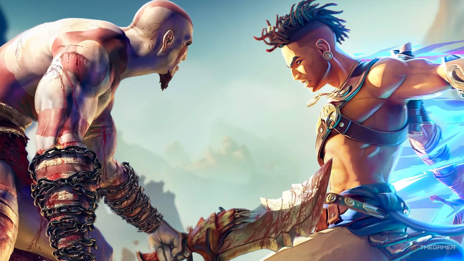 Kratos facing off against Sargon from Prince of Persia The Lost Crown.