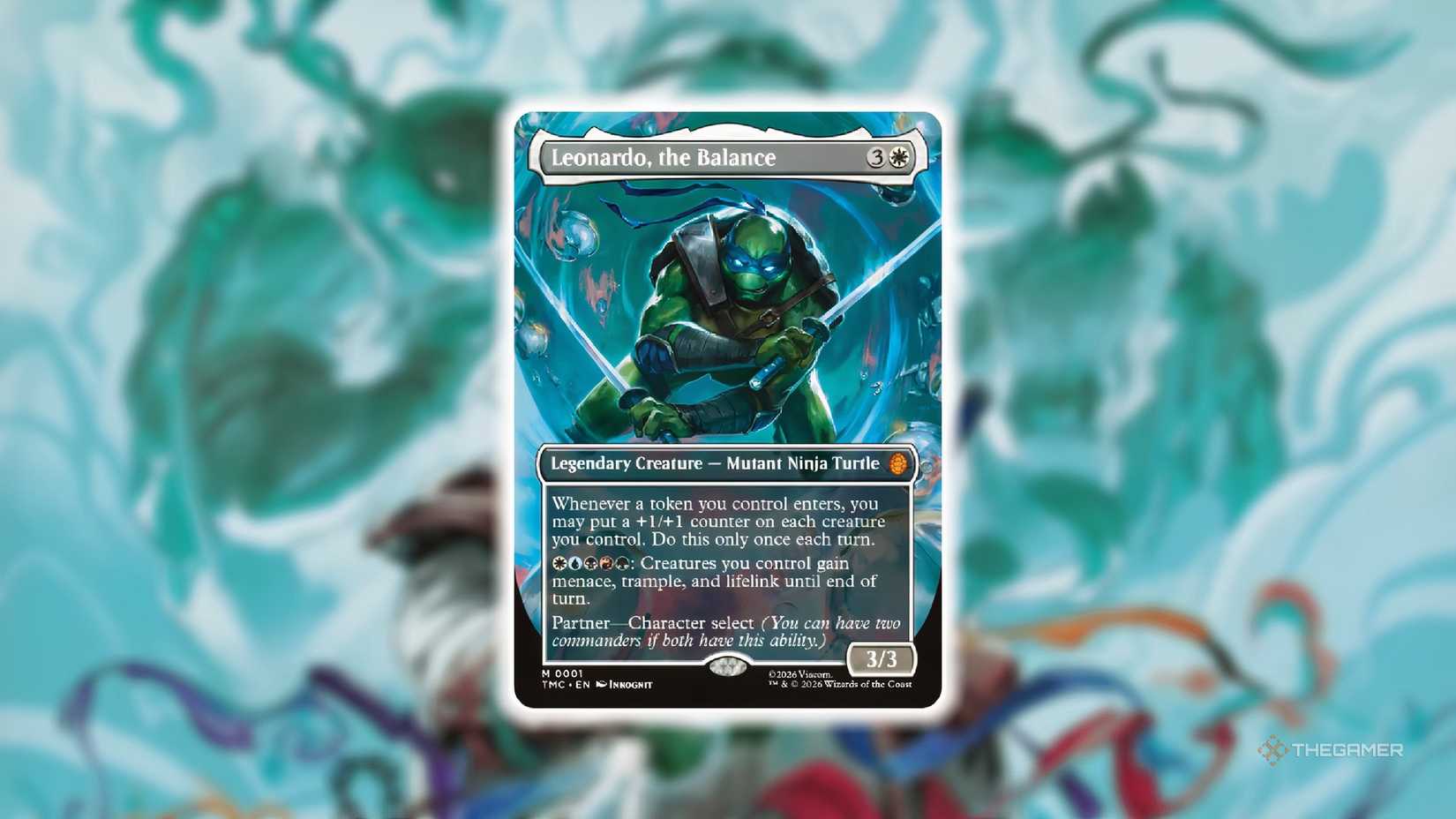 Leonardo, a balanced MTG card against the TMNT Ronin background.