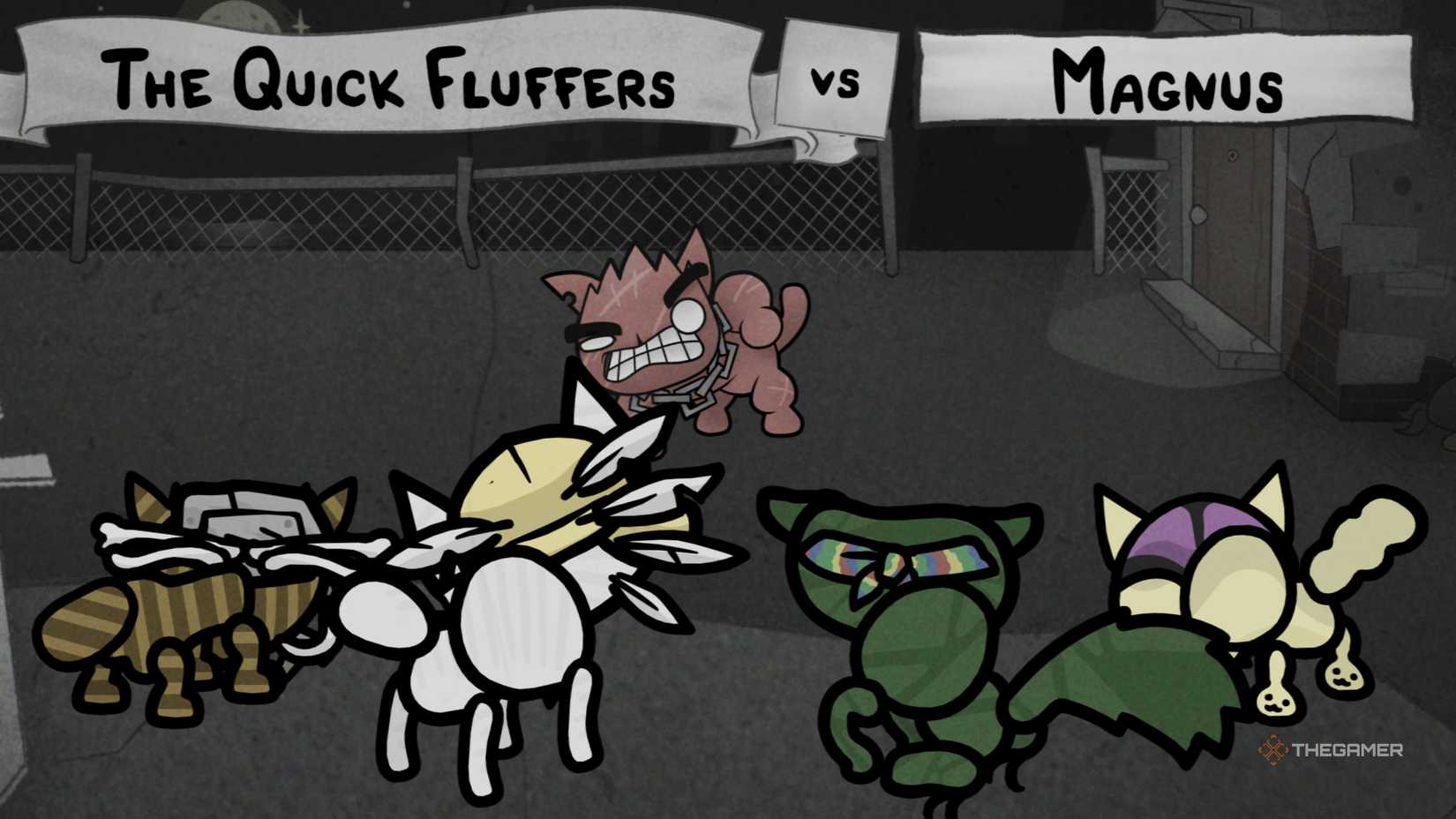 The Quick Fluffers squaring off against Magnus in Mewgenics.