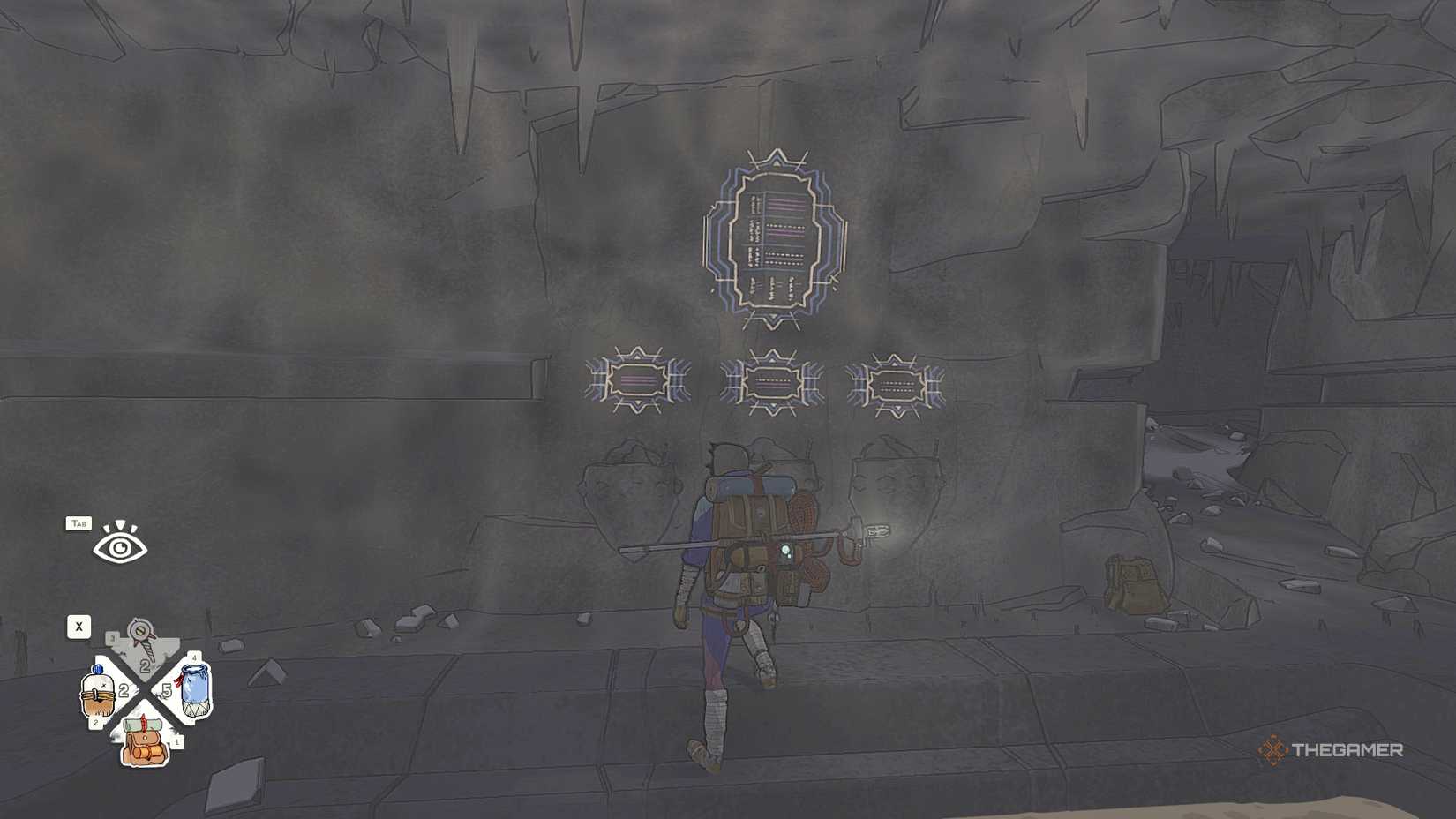 Wall markings with pots of resin in a cairn.