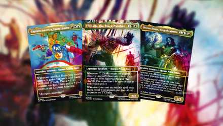 Marvel's Super Heroes MTG Commander card against a blurred background.