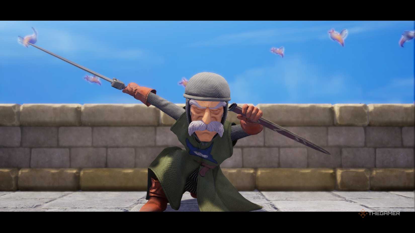 Mervyn landing on a stone floor with his weapons extended in Dragon Quest 7 Reimagined.