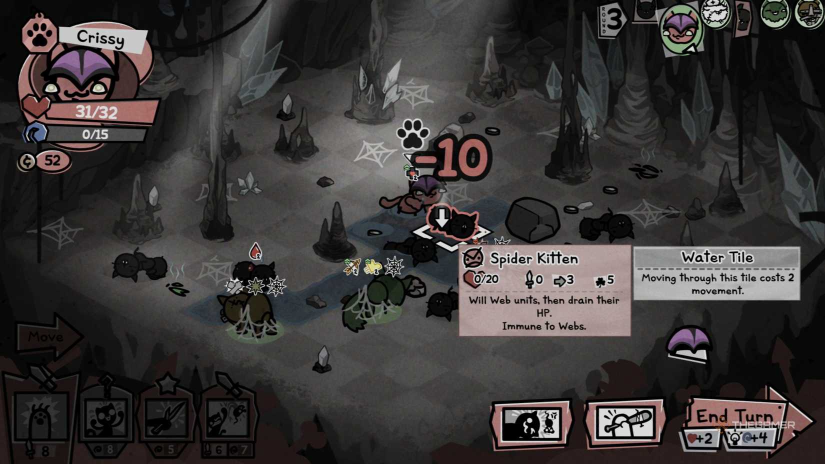 A battle cat attacking a spider kitten from behind for high damage and kills them in Mewgenics on impact.