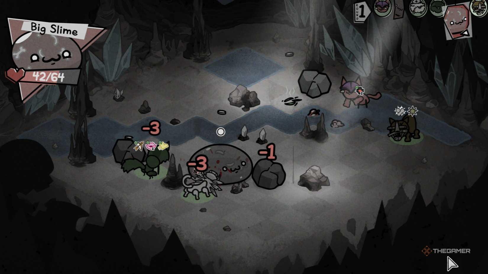 A large slime moves forward, damaging Mewgenics' Hunter Cats and Cleric Cats.