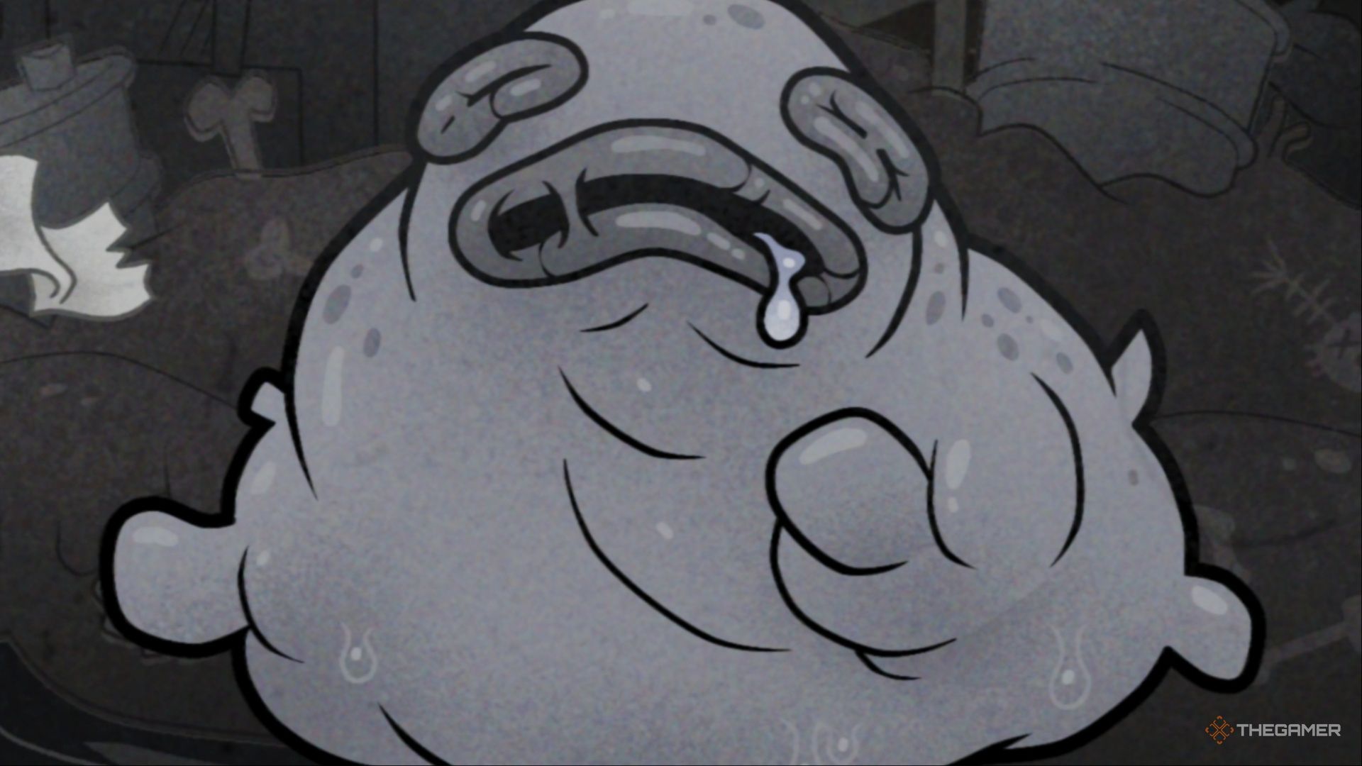 A close-up of Boris, a large sludge monster found deep in the sewers of Mewgenics.