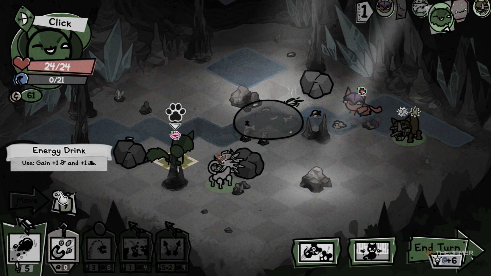 Hunter using his Energy Drink consumable to increase his Dexterity and Speed ​​by +1 in Mewgenics.