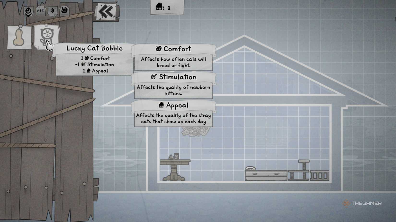 By choosing Lucky Cat Bobble furniture, you increase comfort and attraction by one while decreasing stimulation by one in Mewgenics.