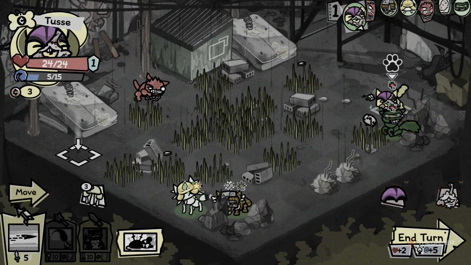 This is the start of the battle with Magnus, showing the Mewgenics' cluttered arena.