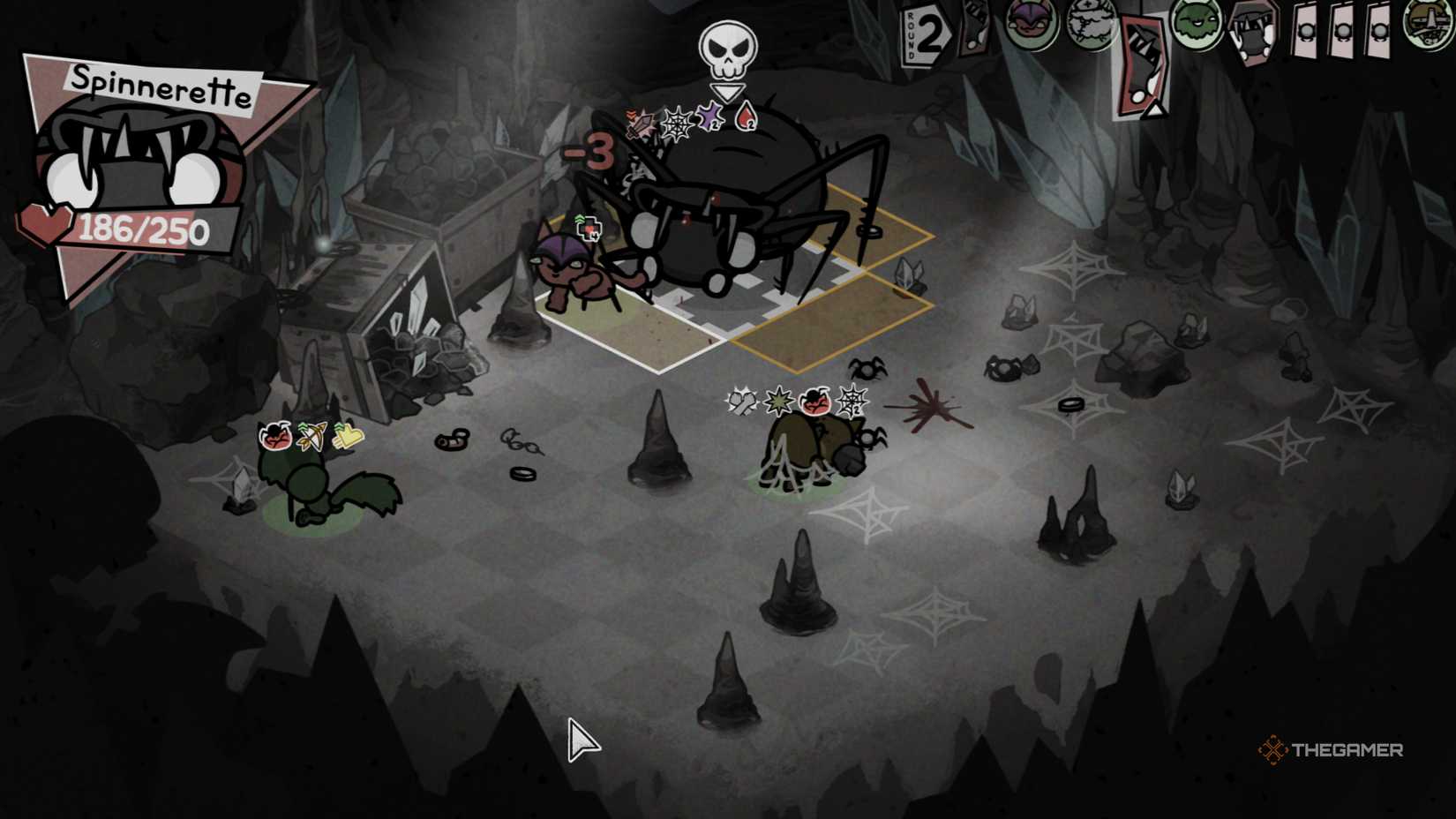 Spinndysa lands a devastating bite attack on the fighter cat in Mewgenics.