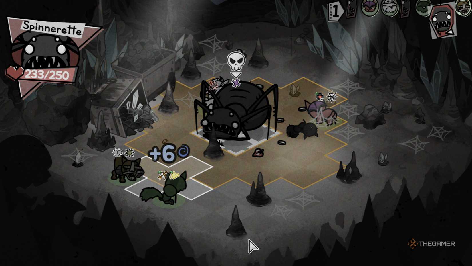 Spindyss spawns spiders in the arena, causing them to burrow into her enemies and inflict Infest on them in Mewgenics.