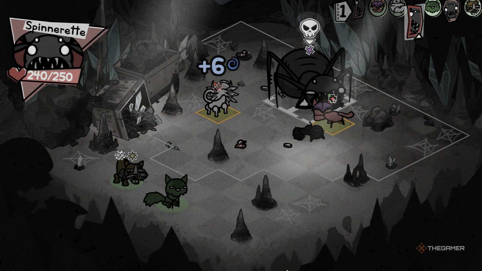 Spinnrette casts web on several units around her, temporarily hindering their movement in Mewgenics.