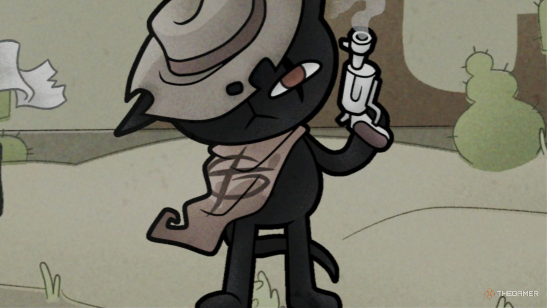 A close-up of Zodiac, a gun toting cat with a smoking gun in his left hand and a scar over his left eye, stands alone in the desert looking for new prey to come to Mewgenics.