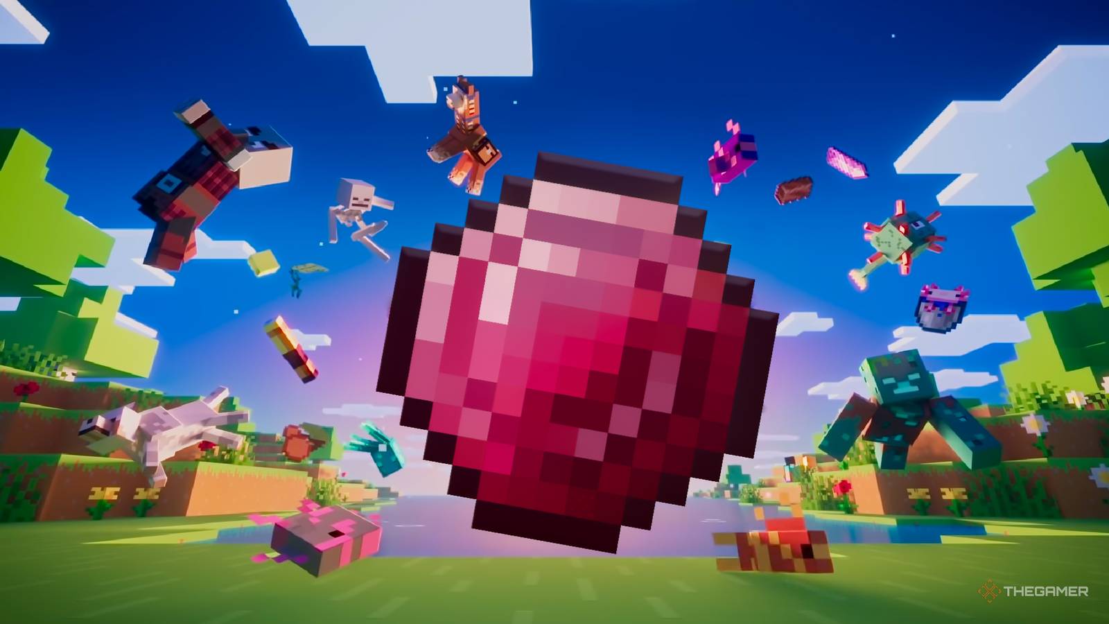 Minecraft Ruby in front of mobs and enemies flying towards the camera.