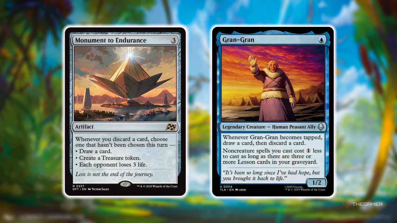 Endurance Monument and Gran-Gran MTG cards against Blur Island.