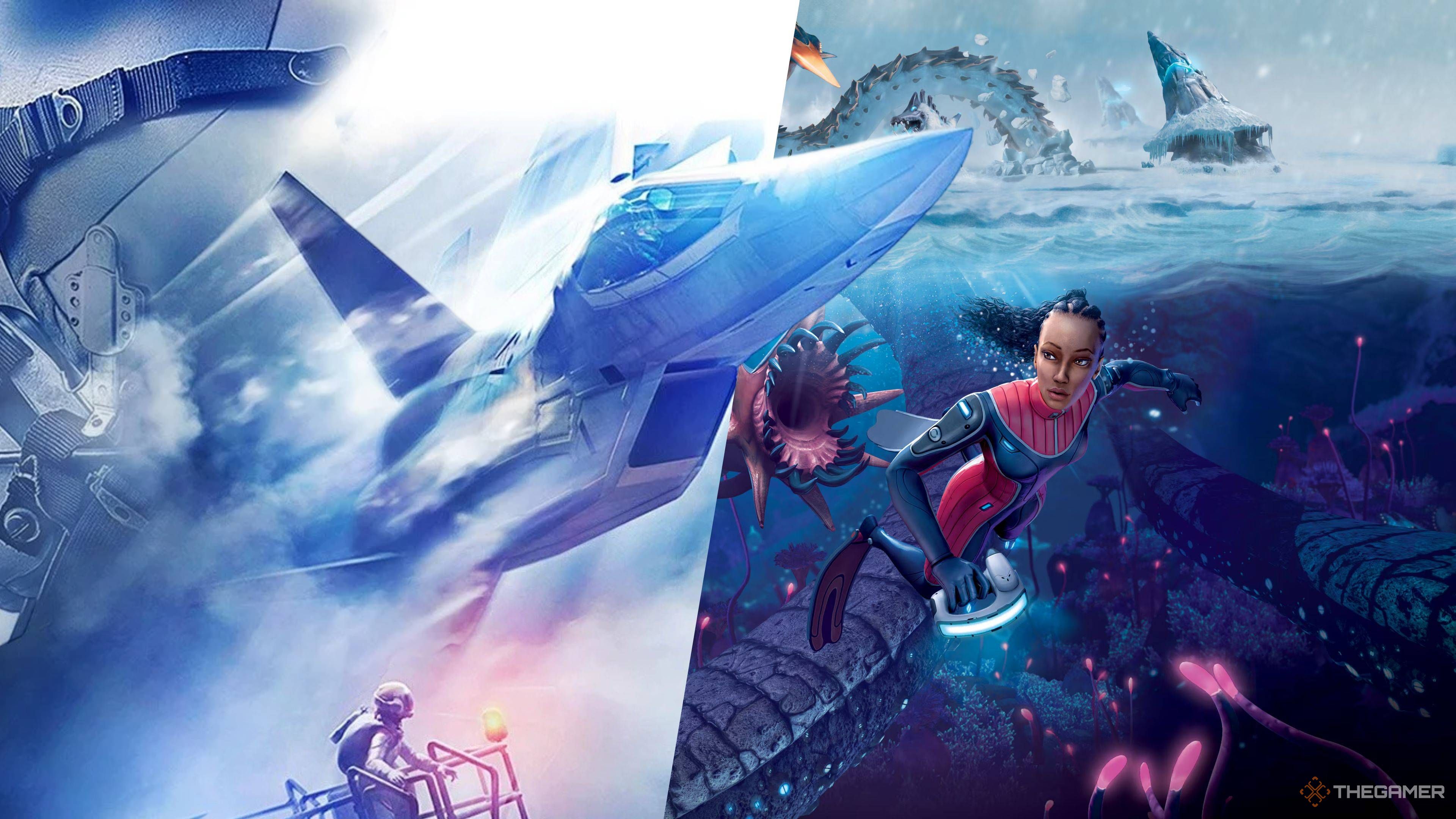 ace combat 7 jet flies over a subnautica under zero sign.