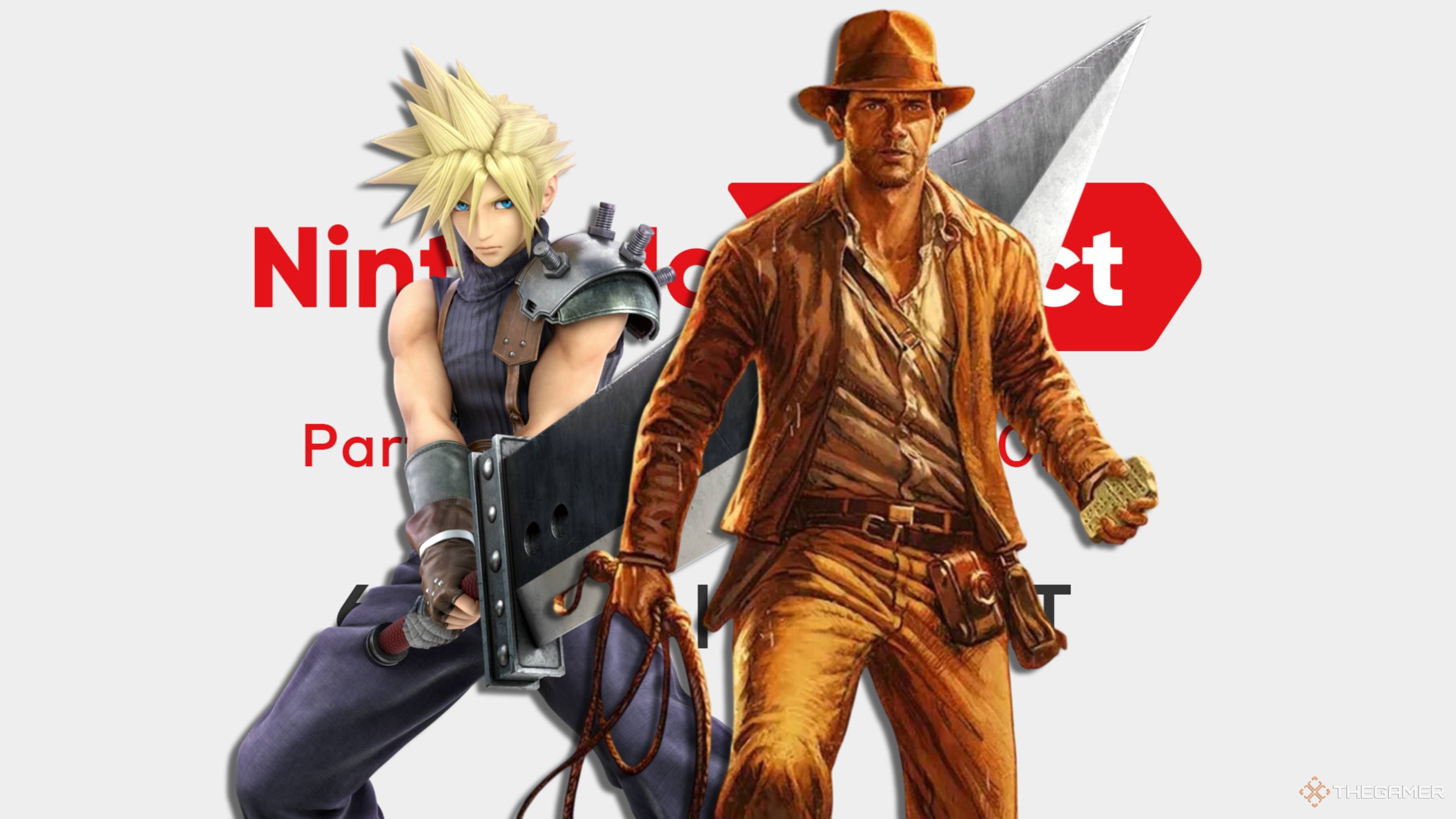 cloud and indiana jones on a nintendo direct banner.