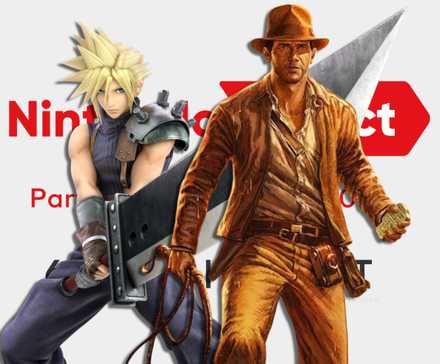 cloud and indiana jones on a nintendo direct banner.