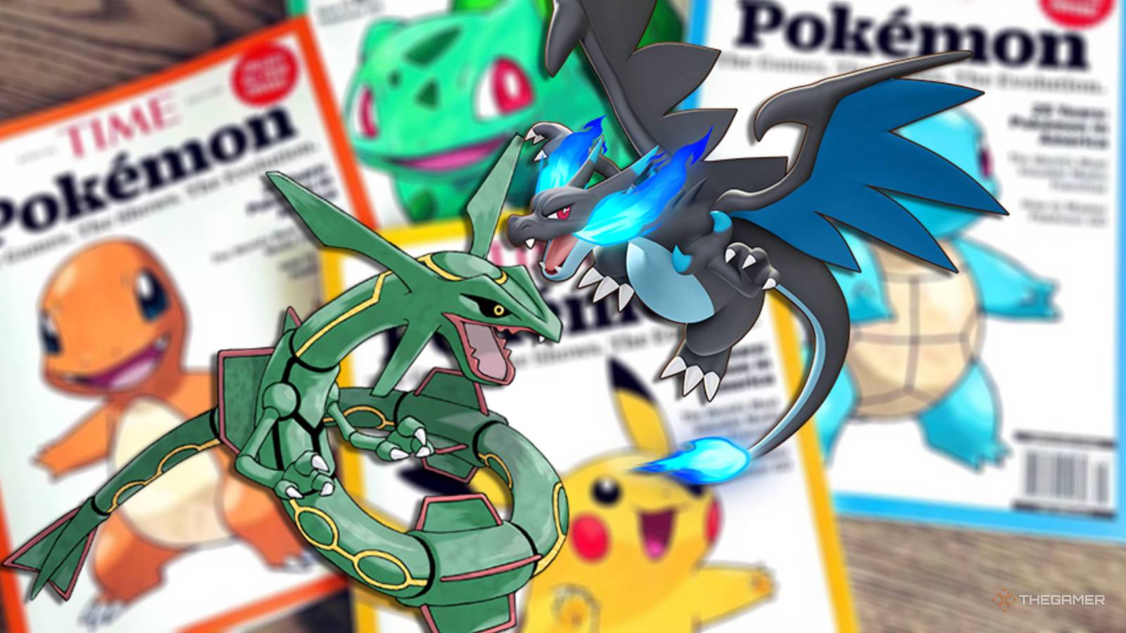 mega charizard x and rayquaza in front of pokemon time magazines.