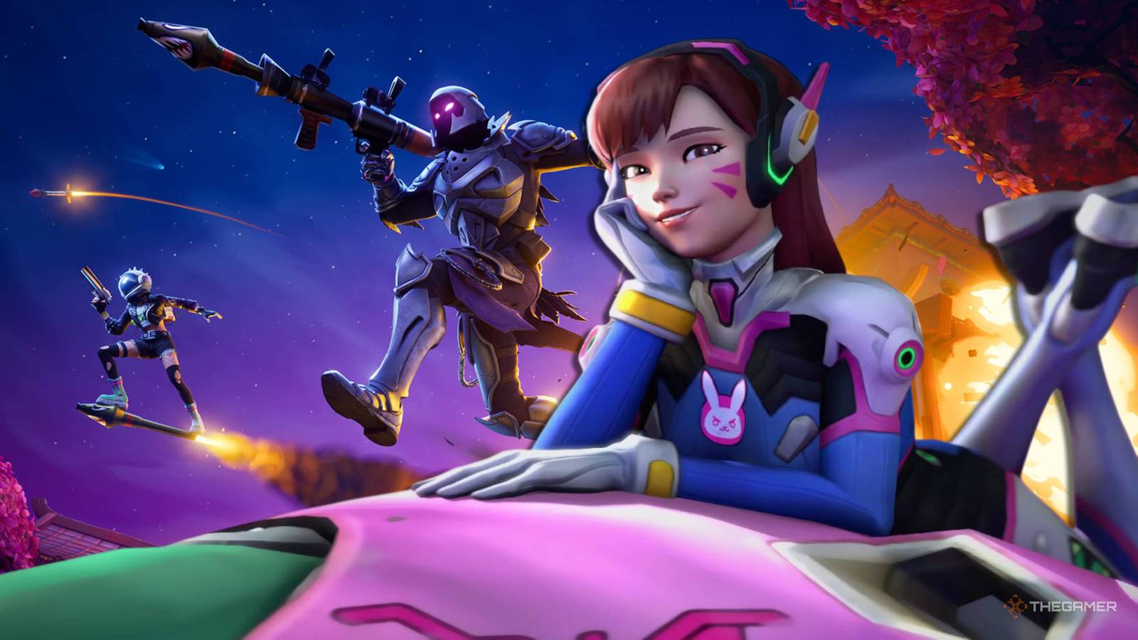 d va from overwatch leaning on her mech in front of fighting fortnite characters.