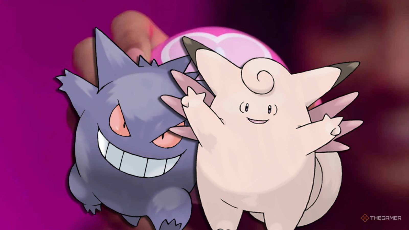 Image 3: Gengar and Clefable standing in front of a love ball.
