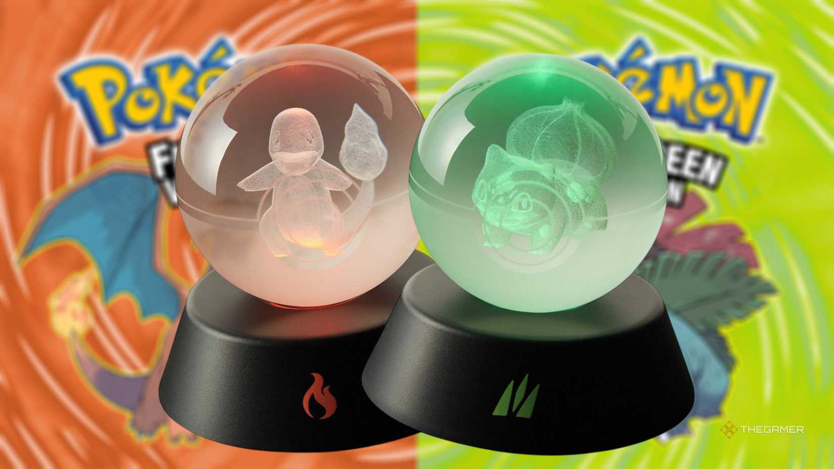 charmander and bulbasaur poke balls in front of the burnt and leafy green cover art.