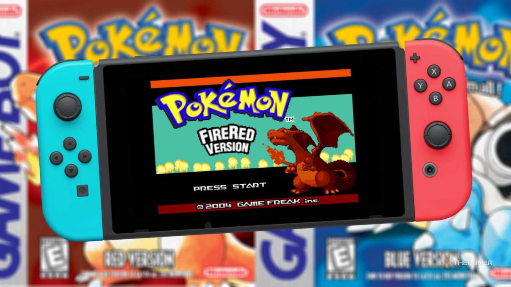 A Pokemon was launched from a switch in front of a red and blue Game Boy copy.