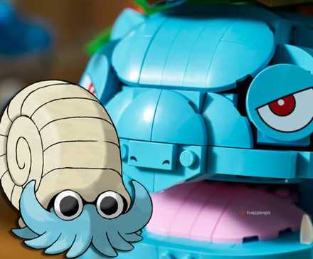 omanyte next to the face of a lego venusaur.