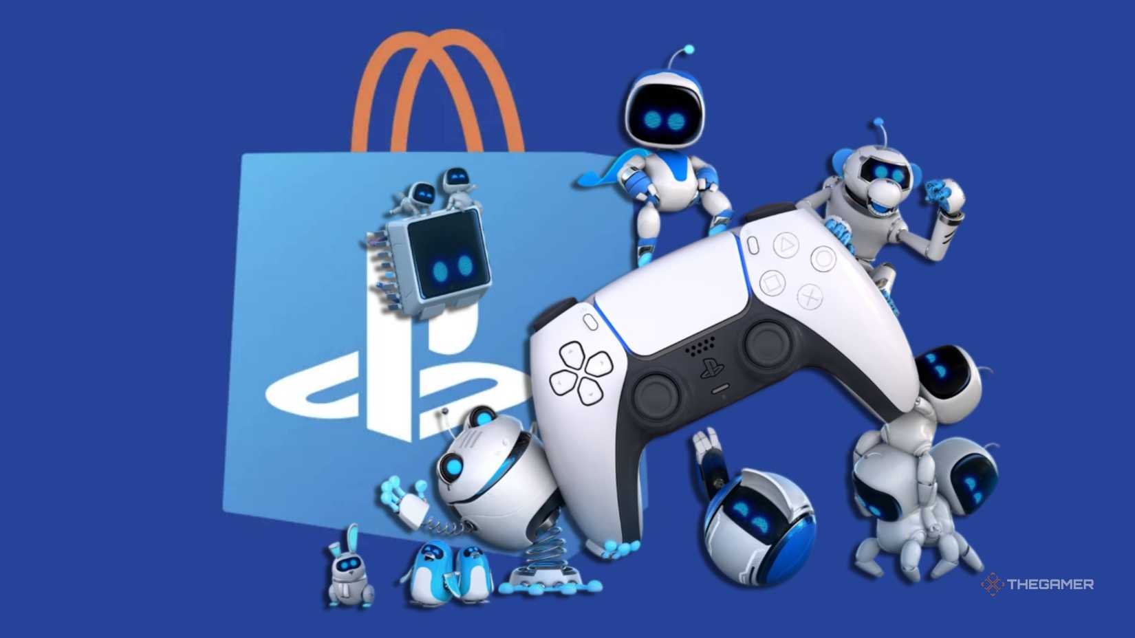 astro bot standing on a dualsense in front of a ps store logo.