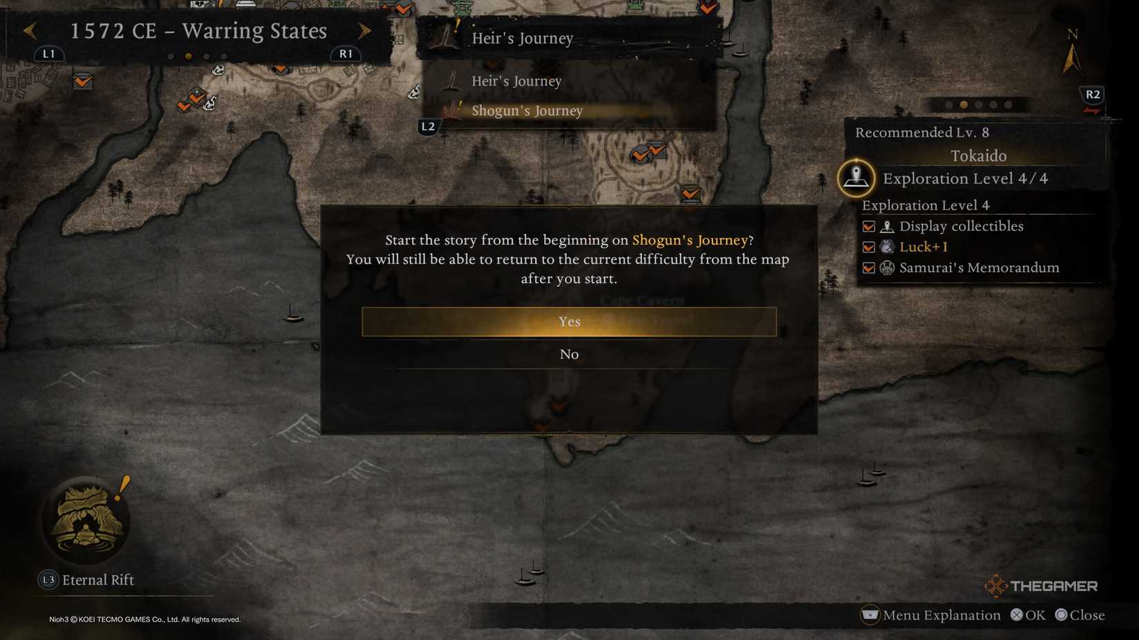 Starting a new game with Shogun's Journey in Nioh 3.