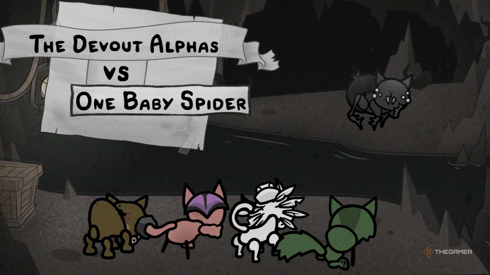 The Devout Alphas take down One Baby Spider in Mewgenics.