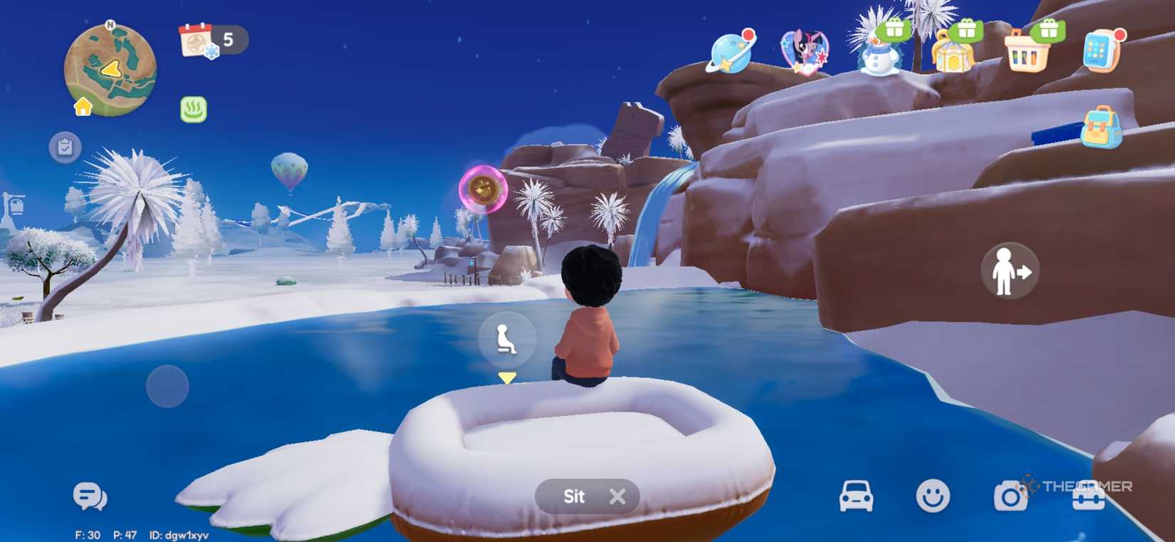 Player sitting on floating device while looking at a pink bubble in Heartopia.