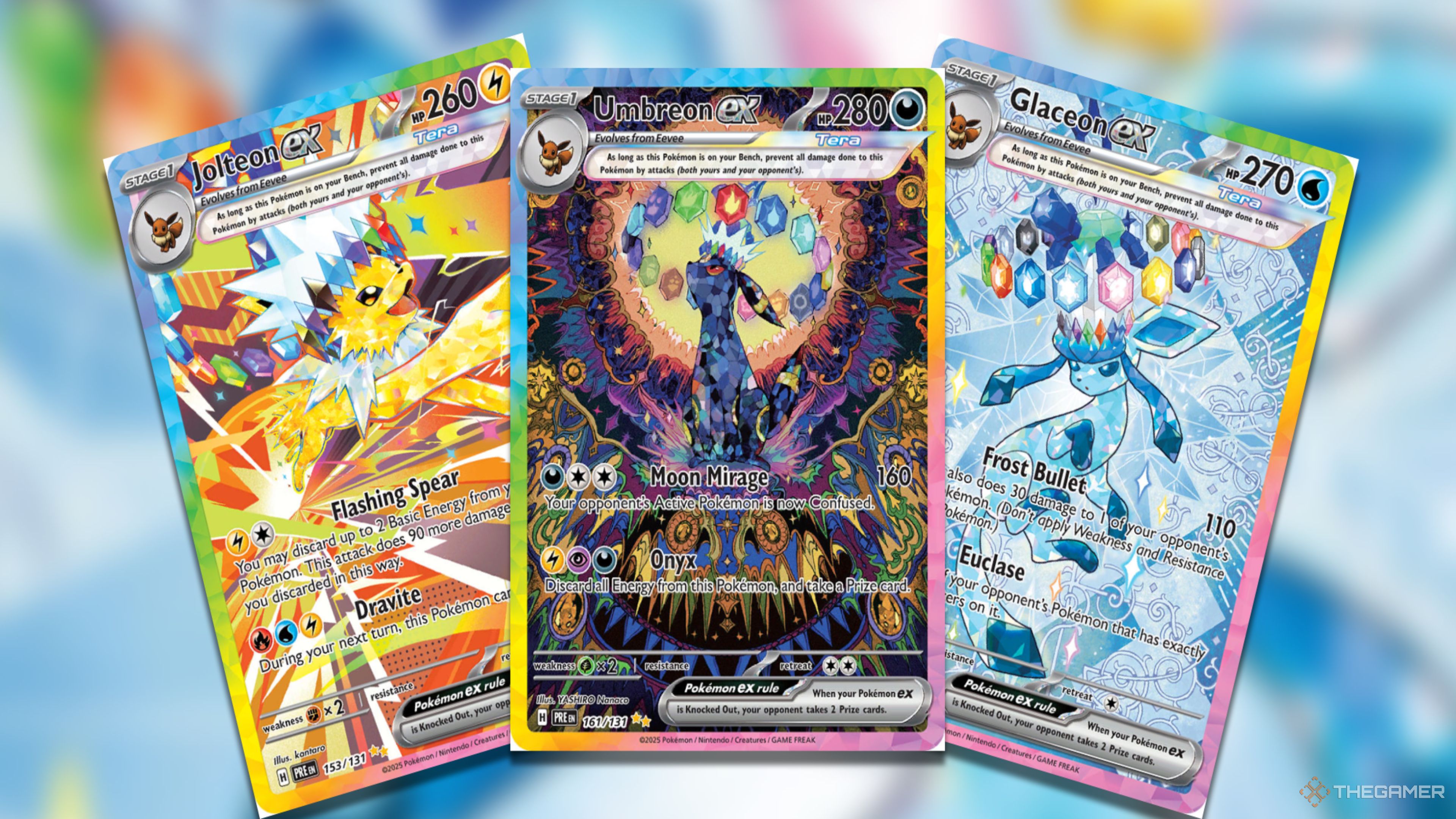 Three Unboxed Prismatic Evolutions: Jolteon ex SIR, Umbreon ex SIR, and Glaceon ex SIR from the Pokémon TCG.