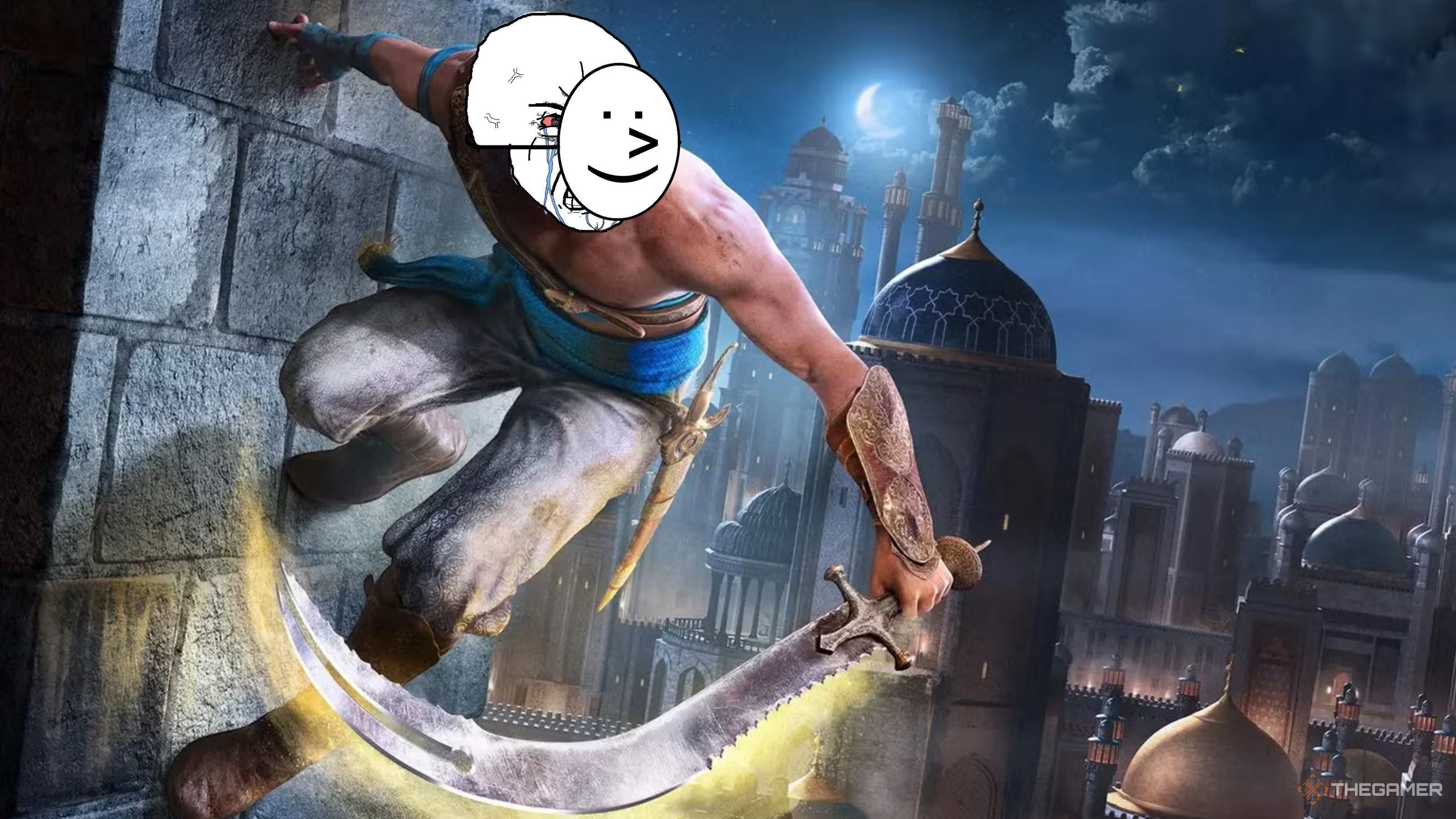 Prince of Persia wearing a soy sauce crying mask