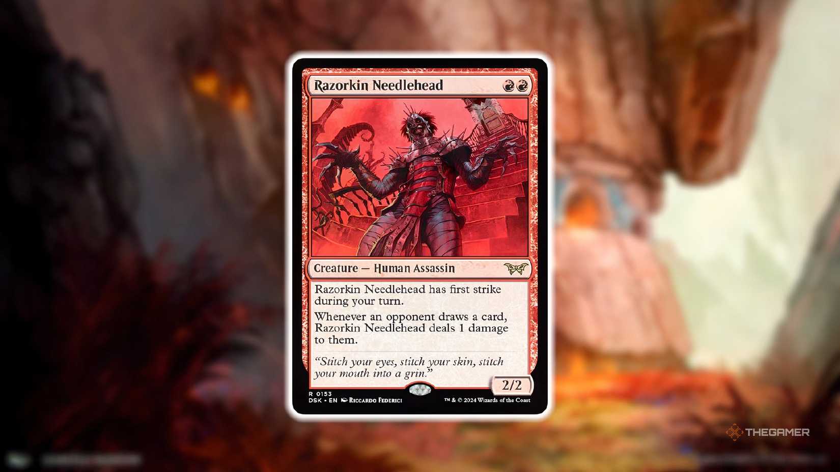 Razorkin Needlehead MTG card against a blurred mountain background.