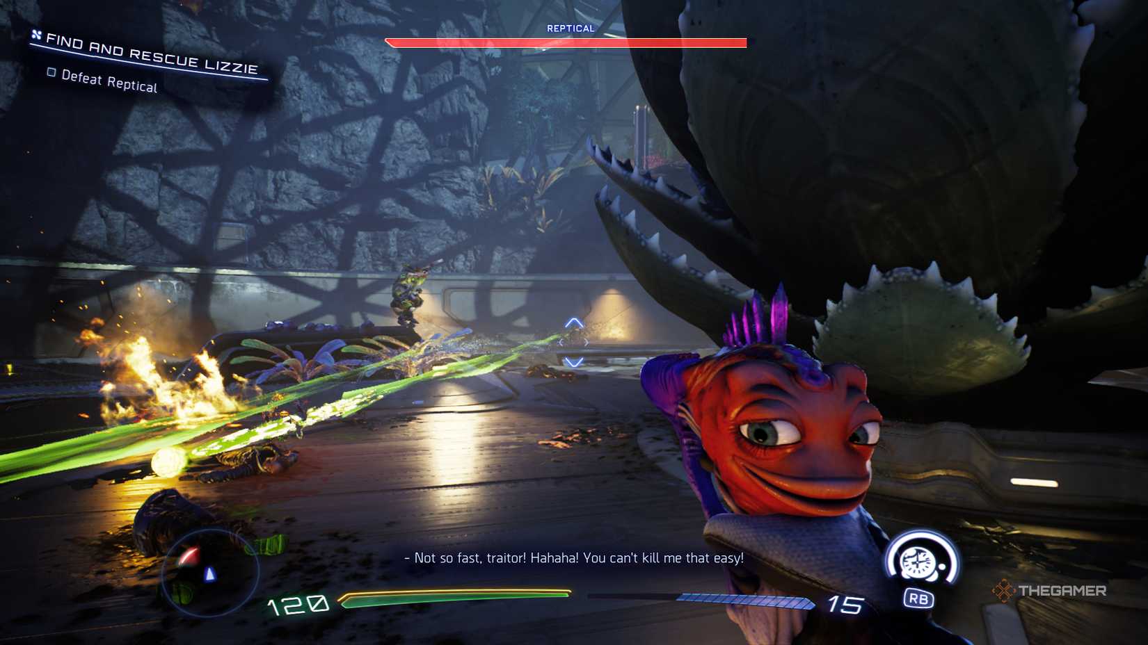 Reptical jumping with his green projectiles behind him in High on Life 2.