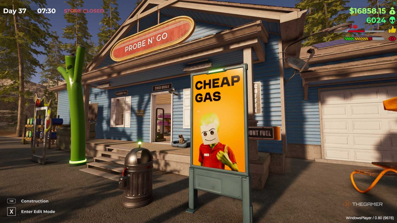 Roadside Research with Cheap Gas sign and a trash can.