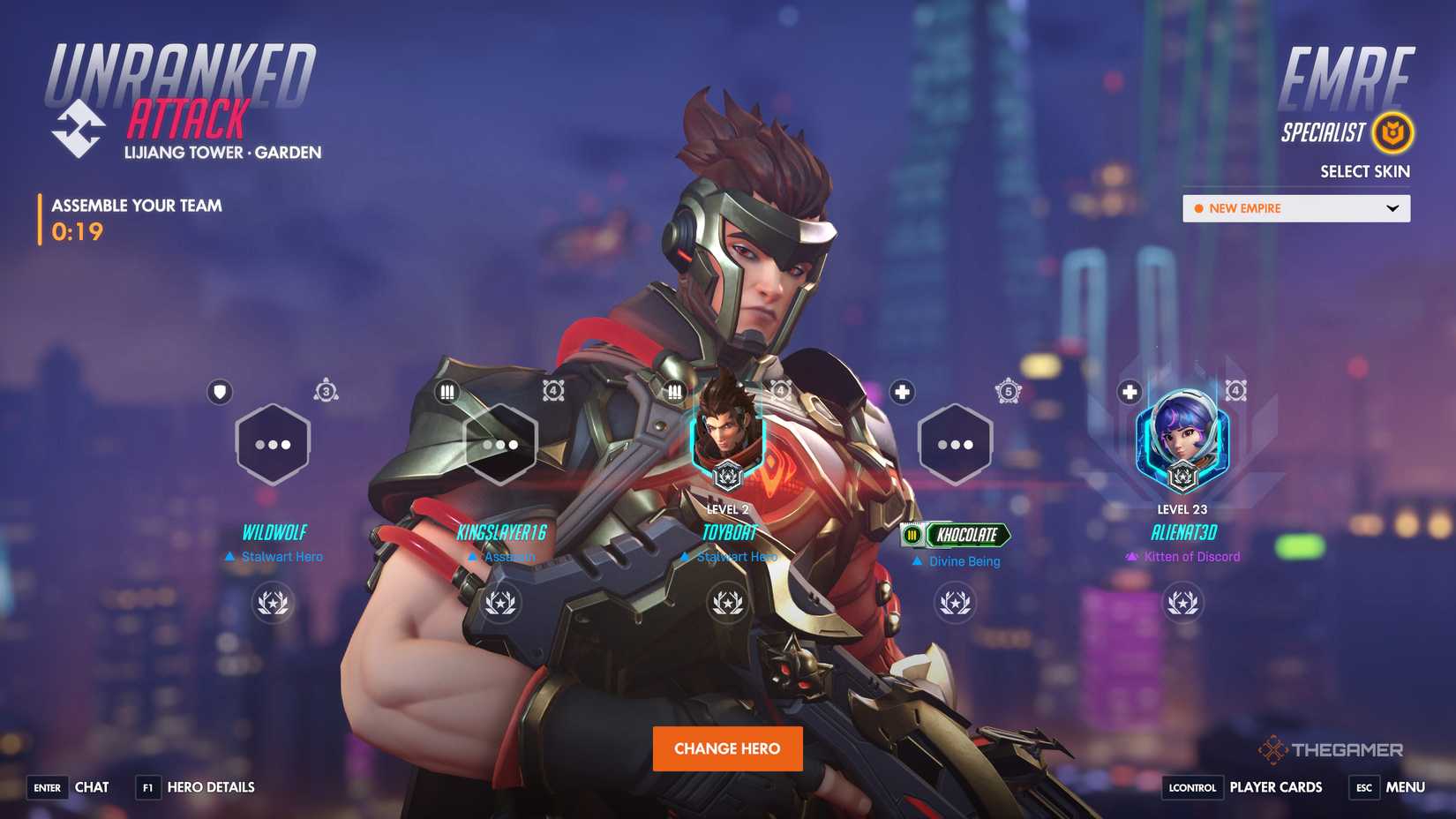 Emre in Overwatch poses on the hero select screen.