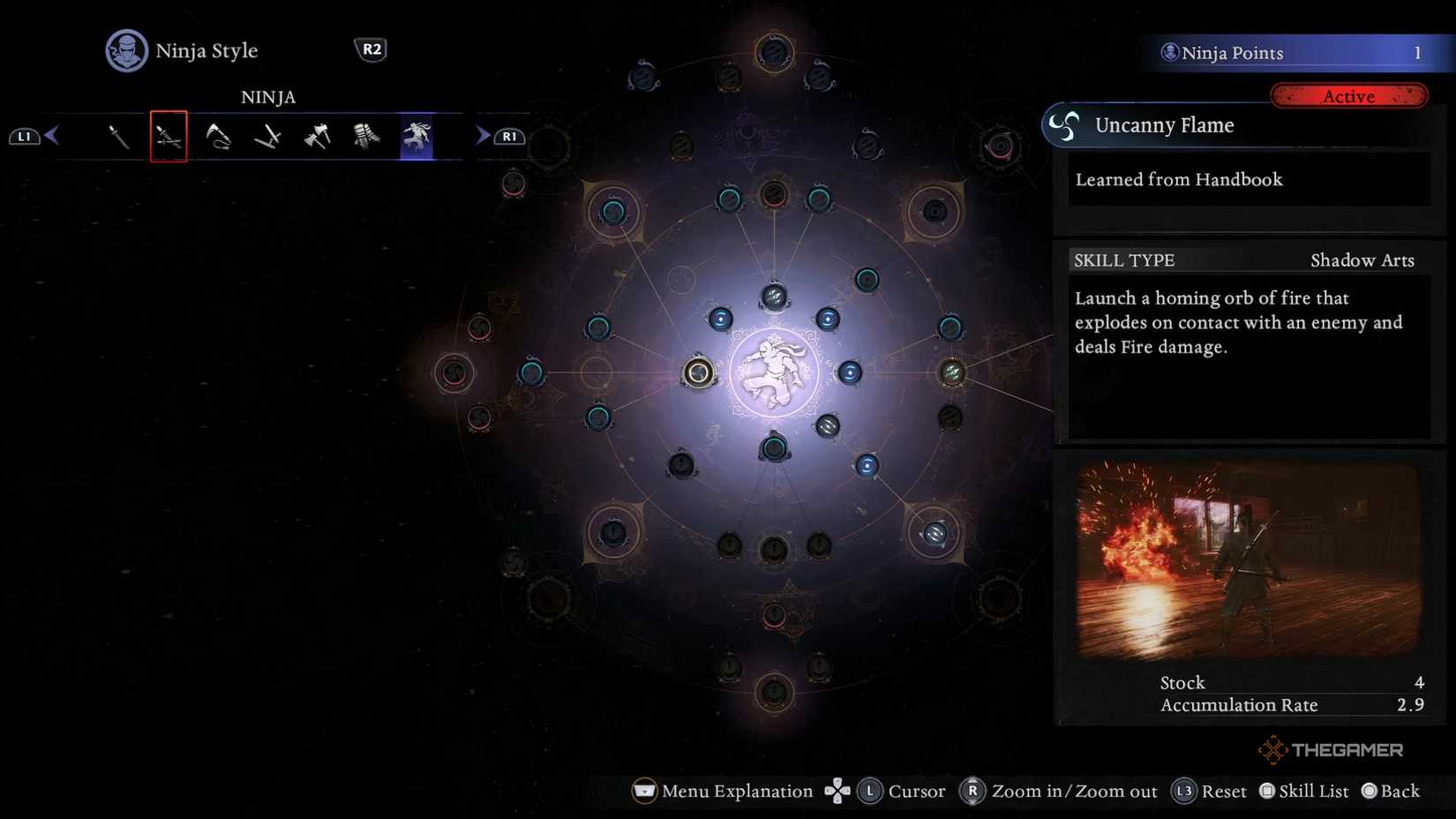 Setting the Uncanny Flame Ninjutsu skill in Nioh 3 as part of the best Dual Ninja Swords build.