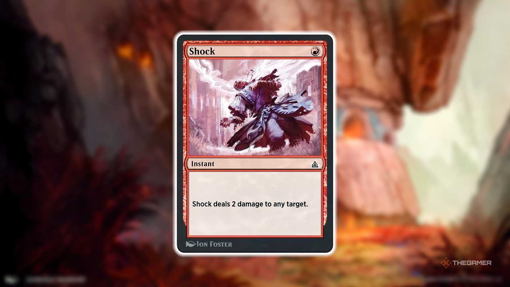Shock MTG card against a blurred mountain background.