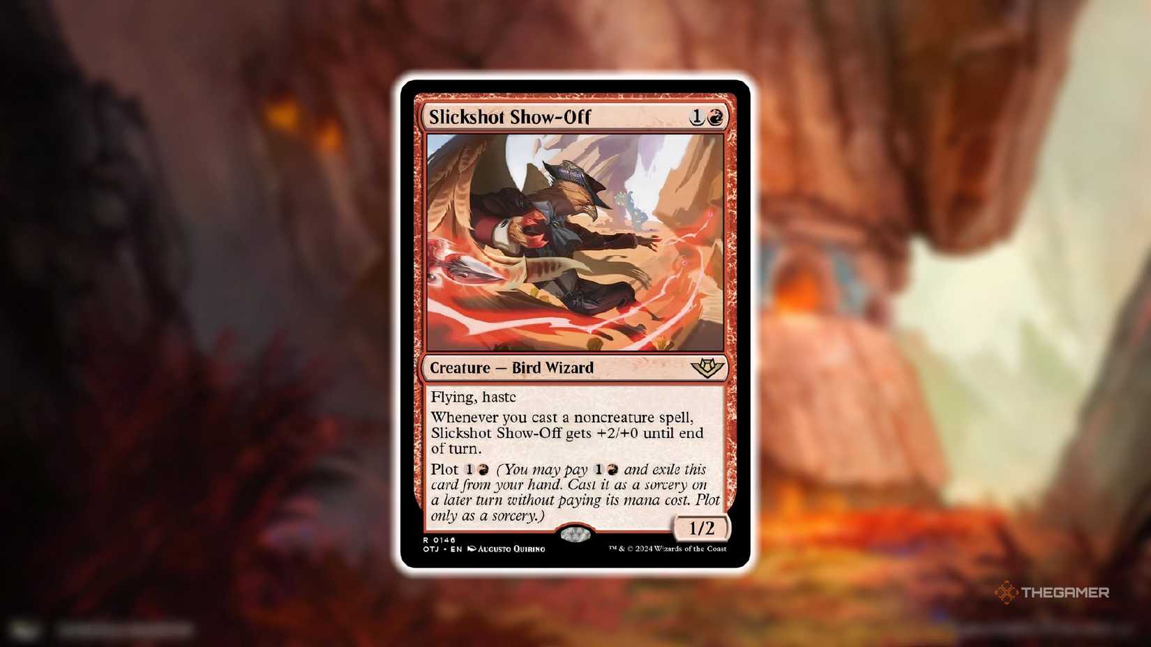 Slickshot Show-Off MTG card against a blurred mountain background.