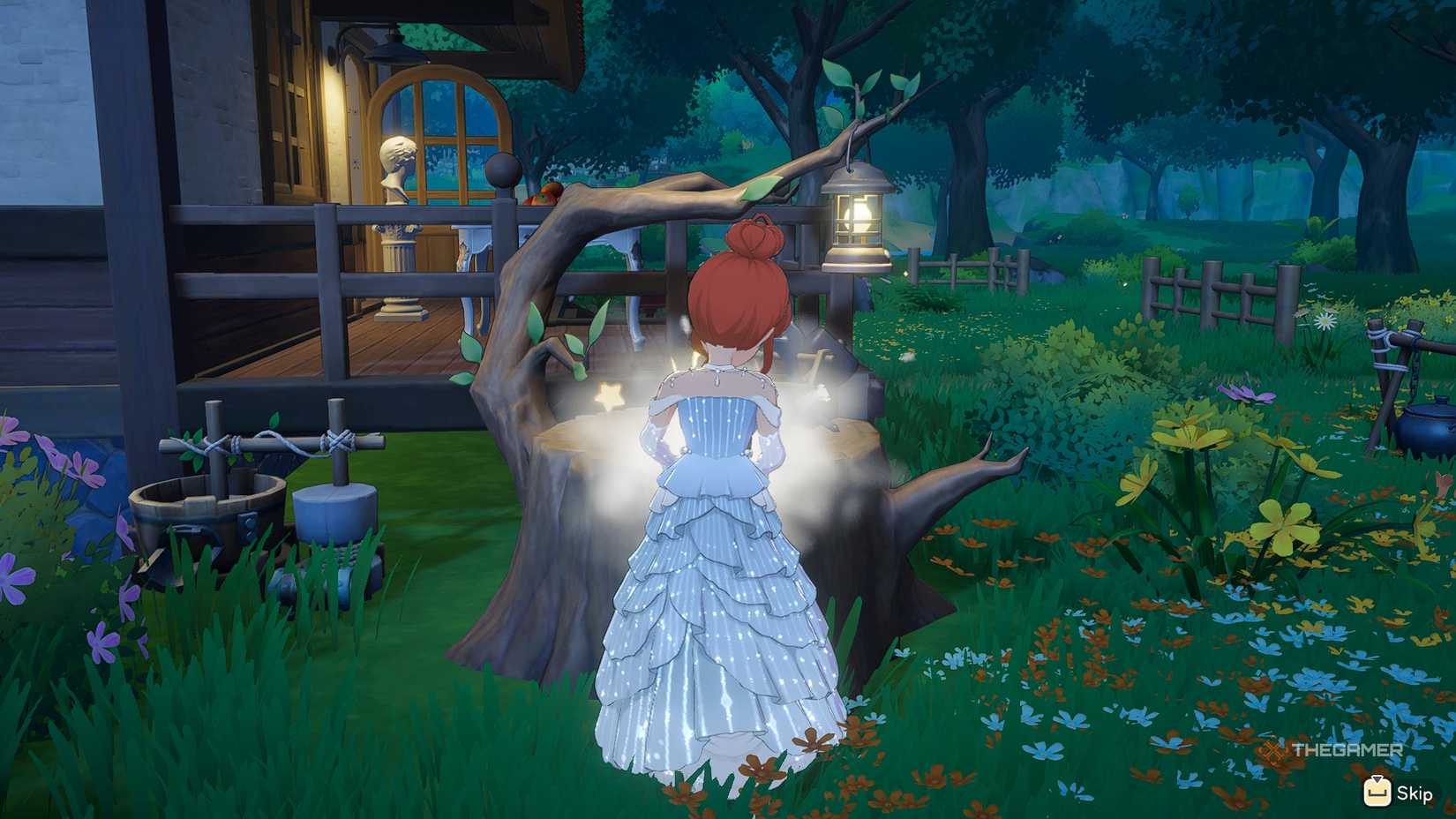 Crafting on a bench wearing a Star Sand Island ballgown.