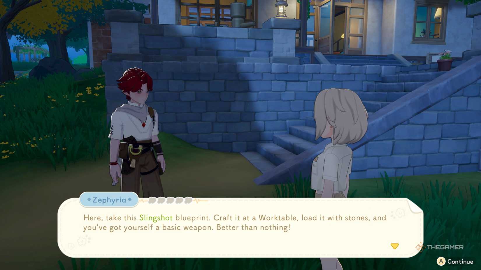 Starsand Island speaking to an NPC about a slingshot.