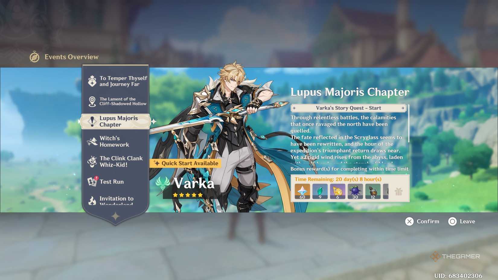 Starting event screen for the Lupus Majoris Chapter quest introducing Varka in Genshin Impact.