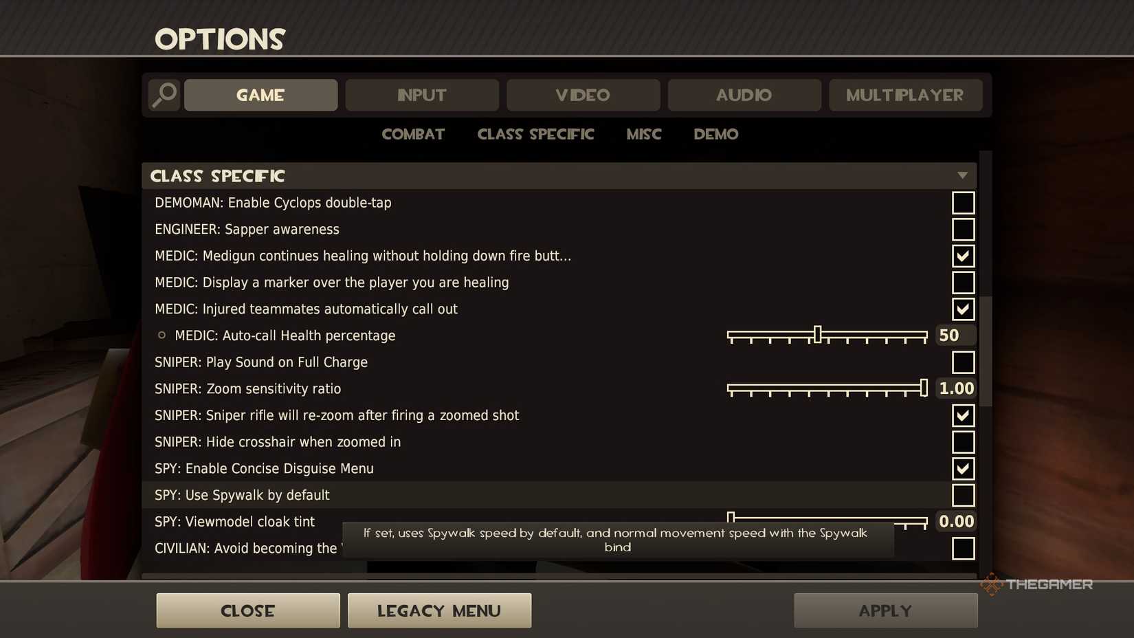 Class-specific settings on the Options screen in Team Fortress 2 Classified.